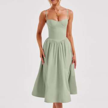 Corset Dress for Women Formal Summer Spaghetti Strap Bustier Midi Dresses Flowy Pleated Hem Corset Sundress with Pockets Dressy Homecoming Dresses Vintage Wedding Guest Dresses 2024 Milkmaid Dresses