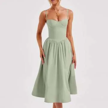 Corset Dress for Women Formal Summer Spaghetti Strap Bustier Midi Dresses Flowy Pleated Hem Corset Sundress with Pockets Dressy Homecoming Dresses Vintage Wedding Guest Dresses 2024 Milkmaid Dresses
