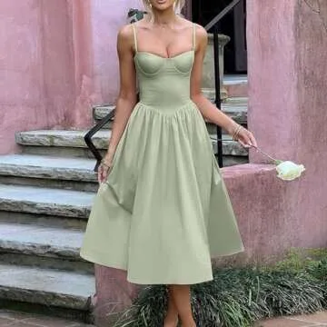 Corset Dress for Women Formal Summer Spaghetti Strap Bustier Midi Dresses Flowy Pleated Hem Corset Sundress with Pockets Dressy Homecoming Dresses Vintage Wedding Guest Dresses 2024 Milkmaid Dresses
