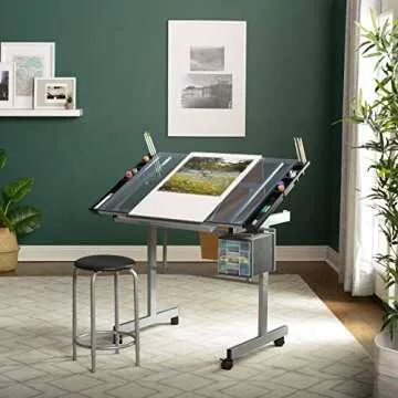SD Studio Designs Studio Designs 2 Piece Vision Modern Metal Hobby, Craft, Drawing, Drafting Table, Mobile Desk with 40.75" W x 25.75" D Angle Adjustable Top in Silver/Blue Glass