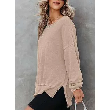 Dokotoo Womens Fall Sweatshirt for Women Casual Long Sleeve Tops Waffle Knit Crewneck Loose Fit Pullover Side Slit Ladies Soft Cute Sweatshirts Tunic Blouses Fashion 2024 Outfits Khaki Small