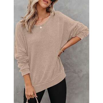 Dokotoo Womens Fall Sweatshirt for Women Casual Long Sleeve Tops Waffle Knit Crewneck Loose Fit Pullover Side Slit Ladies Soft Cute Sweatshirts Tunic Blouses Fashion 2024 Outfits Khaki Small
