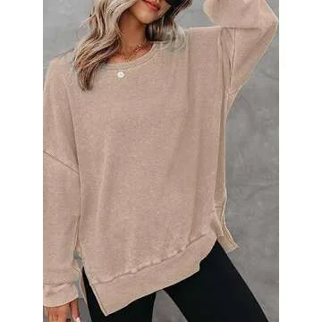 Dokotoo Womens Fall Sweatshirt for Women Casual Long Sleeve Tops Waffle Knit Crewneck Loose Fit Pullover Side Slit Ladies Soft Cute Sweatshirts Tunic Blouses Fashion 2024 Outfits Khaki Small
