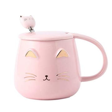 Angelice Home Pink Cat Mug, Cute Kitty Ceramic Coffee Mug with Stainless Steel Spoon, Novelty Coffee...
