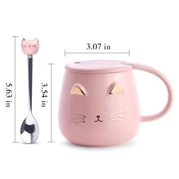 Cute Pink Cat Mug with Lid and Spoon for Cat Lovers