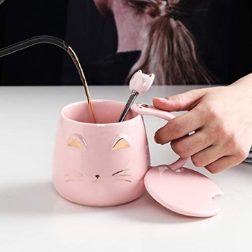 Cute Pink Cat Mug with Lid and Spoon for Cat Lovers