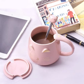 Cute Pink Cat Mug with Lid and Spoon for Cat Lovers