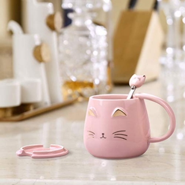 Cute Pink Cat Mug with Lid and Spoon for Cat Lovers