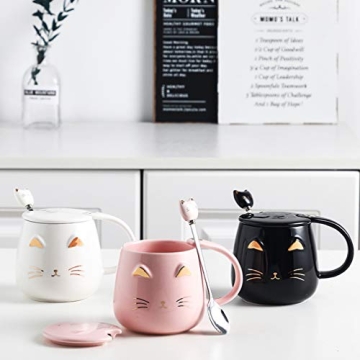 Cute Pink Cat Mug with Lid and Spoon for Cat Lovers
