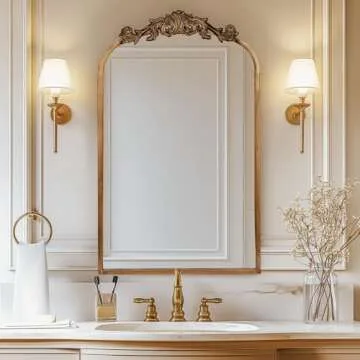 USHOWER 19" x 31" Gold Vintage Mirror for Wall, Antique Baroque Mirror with Ornate Frame, Gold Arched Brass Mirror for Fireplace, Bathroom, Living Room, Entryway