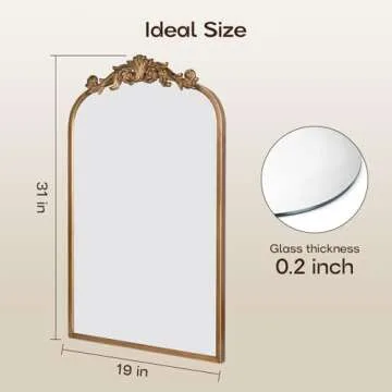 USHOWER 19" x 31" Gold Vintage Mirror for Wall, Antique Baroque Mirror with Ornate Frame, Gold Arched Brass Mirror for Fireplace, Bathroom, Living Room, Entryway