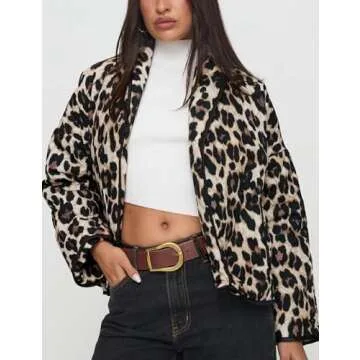 Yimoon Women's Cropped Puffer Quilted Jacket Vintage Floral Print Oversized Open Front Lightweight Short Jacket Outwear(Leopard-S)