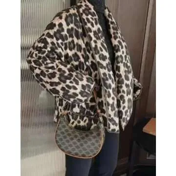 Yimoon Women's Cropped Puffer Quilted Jacket Vintage Floral Print Oversized Open Front Lightweight Short Jacket Outwear(Leopard-S)