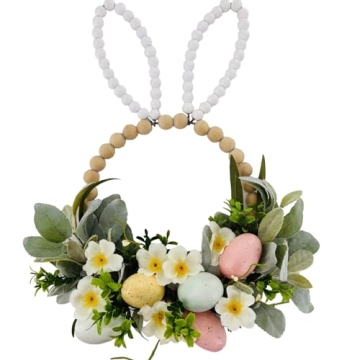 TEMPUS Easter Wooden Bead Wreath Spring Artificial Flower Wreath Egg Wreath Bunny Head Wooden Bead W...