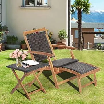 Tangkula Patio Lounge Chair and Side Table Set, Acacia Wood Wicker Folding Table and Armrest Chair w...