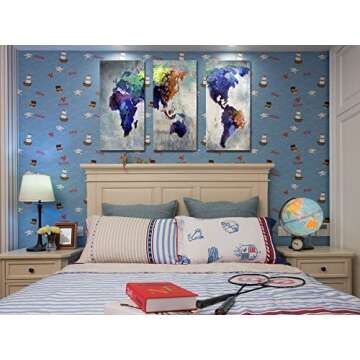 Ardemy World Map Wall Art Canvas Watercolor Blue Grey Map of The World Abstract Colorful Vintage Painting Pictures Large Size 16"x32"x3 Panels Artwork Framed for Living Room Bedroom Home Office Decor