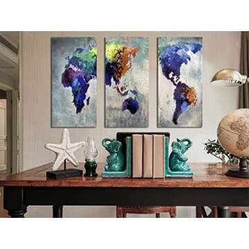 Ardemy World Map Wall Art Canvas Watercolor Blue Grey Map of The World Abstract Colorful Vintage Painting Pictures Large Size 16"x32"x3 Panels Artwork Framed for Living Room Bedroom Home Office Decor