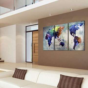 Ardemy World Map Wall Art Canvas Watercolor Blue Grey Map of The World Abstract Colorful Vintage Painting Pictures Large Size 16"x32"x3 Panels Artwork Framed for Living Room Bedroom Home Office Decor