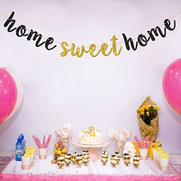 Black Glitter Home Sweet Home Banner - Welcome Back Sign Supplies - Welcome Home Bunting Housewarming Military Family Party Decorations