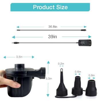 Electric Air Pump,Portable Quick-Fill Air Pump, Air Mattress Pump with 3 Nozzles for Inflatable Boat, Air Mattress Beds,Swimming Ring.Compatible with Home and car Adapter by Inscool (110V AC/12V DC)