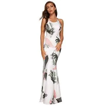 SheIn Women's Floral Strappy Backless Summer Evening Party Maxi Dress White Banana Leaf Medium
