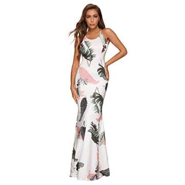 SheIn Women's Floral Strappy Backless Summer Evening Party Maxi Dress White Banana Leaf Medium