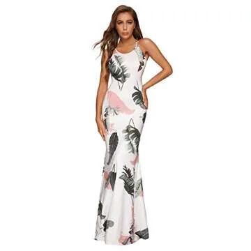 SheIn Women's Floral Strappy Backless Summer Evening Party Maxi Dress White Banana Leaf Medium