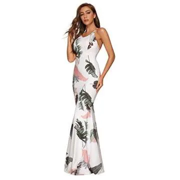 SheIn Women's Floral Strappy Backless Summer Evening Party Maxi Dress White Banana Leaf Medium