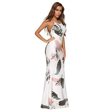 SheIn Women's Floral Strappy Backless Summer Evening Party Maxi Dress White Banana Leaf Medium