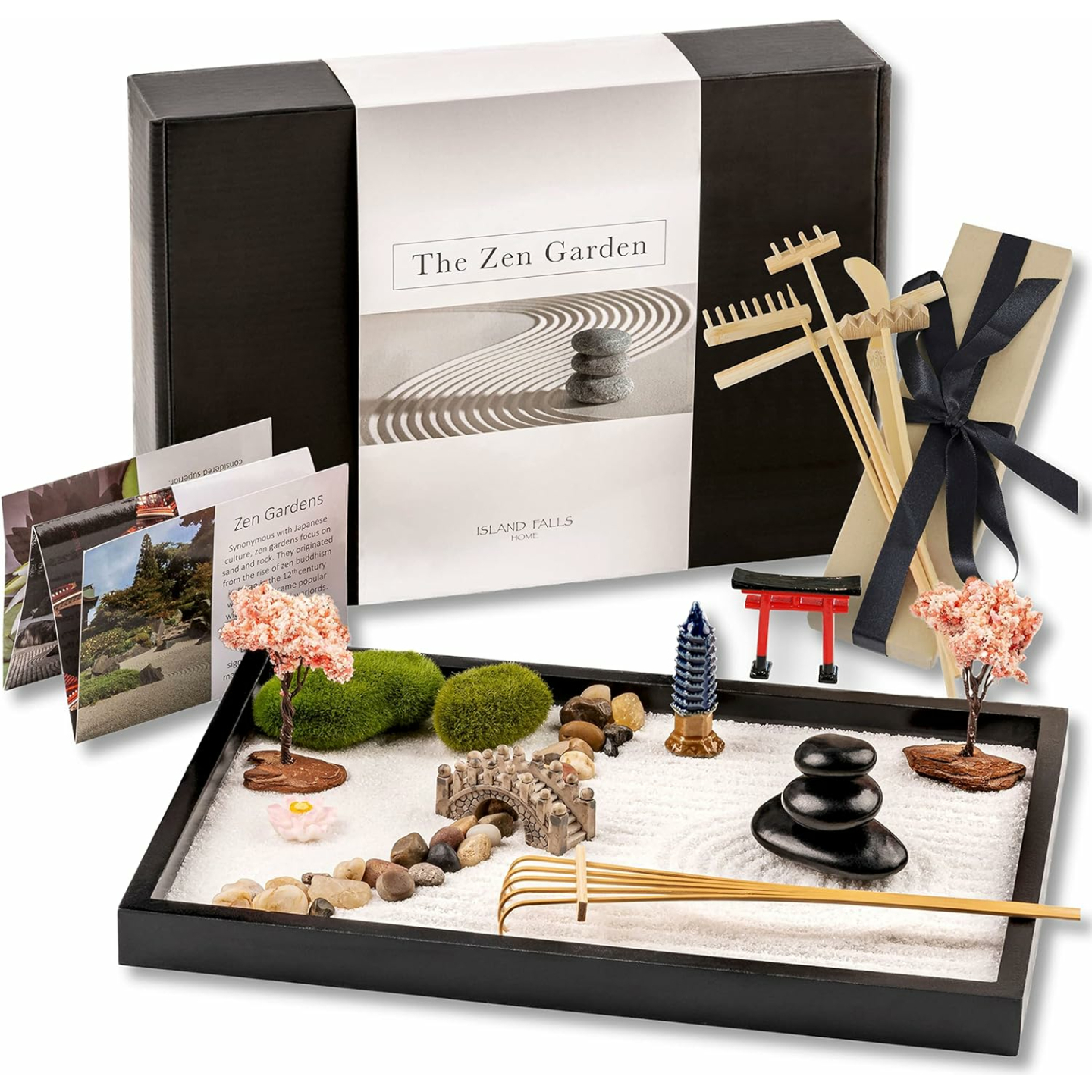 Zen Garden Kit 11x8in. Beautiful Japanese Decor Mini Rock Garden Gift Set for Home, Office Desk. Zen Sand Garden, 6 Tools, 15 Accessories. Sand Tray Therapy Desktop Meditation Room