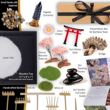 Zen Garden Kit 11x8in. Beautiful Japanese Decor Mini Rock Garden Gift Set for Home, Office Desk. Zen Sand Garden, 6 Tools, 15 Accessories. Sand Tray Therapy Desktop Meditation Room