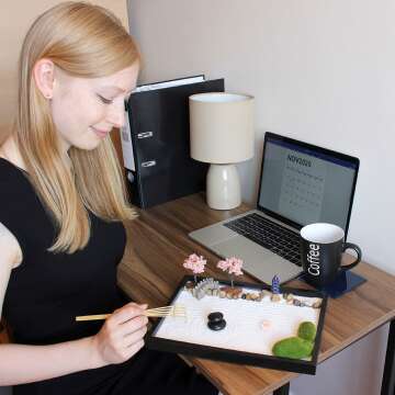 Zen Garden Kit 11x8in. Beautiful Japanese Decor Mini Rock Garden Gift Set for Home, Office Desk. Zen Sand Garden, 6 Tools, 15 Accessories. Sand Tray Therapy Desktop Meditation Room