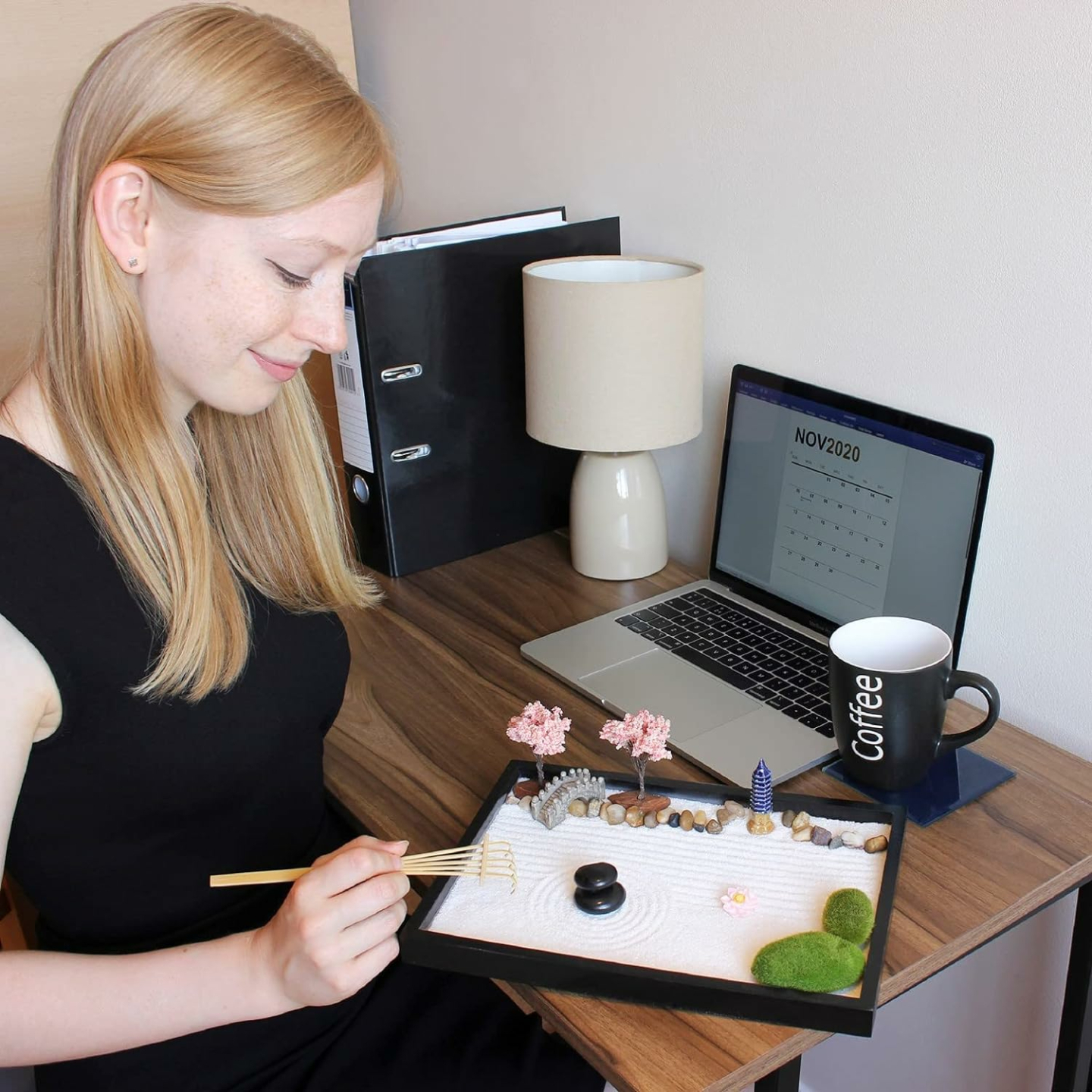 Zen Garden Kit 11x8in. Beautiful Japanese Decor Mini Rock Garden Gift Set for Home, Office Desk. Zen Sand Garden, 6 Tools, 15 Accessories. Sand Tray Therapy Desktop Meditation Room