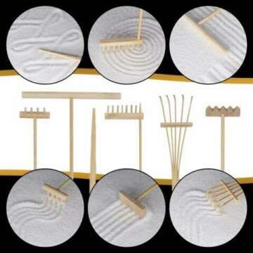 Zen Garden Kit 11x8in. Beautiful Japanese Decor Mini Rock Garden Gift Set for Home, Office Desk. Zen Sand Garden, 6 Tools, 15 Accessories. Sand Tray Therapy Desktop Meditation Room