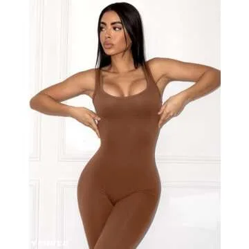 YEOREO Women Sleeveless Flare Jumpsuits Sexy Backless Scrunch Butt V Back Yoga Jumpsuit Caramel Brown S