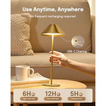 Lalavon Gold Cordless Table Lamp, Battery Operated Lamp 4000mAh, 3 Color Stepless Dimming Touch Lamp, Small Bedside Lamp for Living Room Bedroom Outdoor
