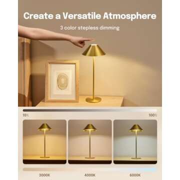 Lalavon Gold Cordless Table Lamp, Battery Operated Lamp 4000mAh, 3 Color Stepless Dimming Touch Lamp, Small Bedside Lamp for Living Room Bedroom Outdoor