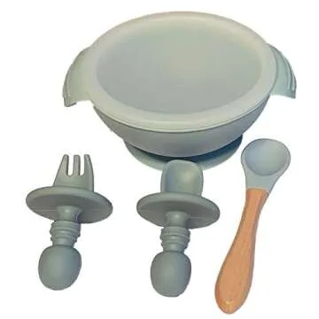 Silicone Baby Feeding Set Eco Friendly BPA Free Includes Plate, Baby Spoon, First Stage Fork Spoon, Adjustable Bib Suction Bowl Sold with a Cotton Bag