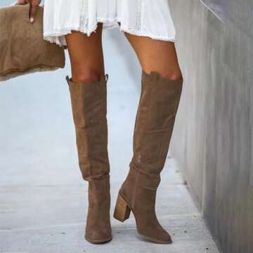 Erocalli Suede Knee-High Boots, Brown Fall Boot For Women Chunky Block High Heel Slouchy Boot Round ...