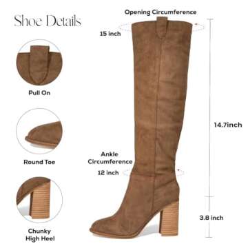 Erocalli Suede Knee-High Boots, Brown Fall Boot For Women Chunky Block High Heel Slouchy Boot Round Toe Side Zipper