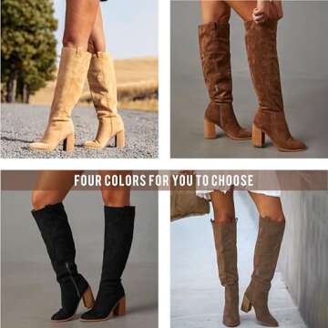 Erocalli Suede Knee-High Boots, Brown Fall Boot For Women Chunky Block High Heel Slouchy Boot Round Toe Side Zipper