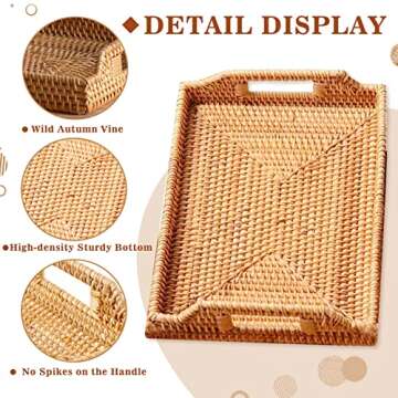 YBENWL Rectangular Rattan Serving Tray with Handles, Handwoven Wicker Decorative Display Serving Pla...