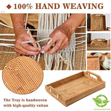 YBENWL Rectangular Rattan Serving Tray with Handles, Handwoven Wicker Decorative Display Serving Platters for Coffee, Breakfast, Drinks, Snack Multi-Purpose Dining Table Desktop Organiser Tray(L)