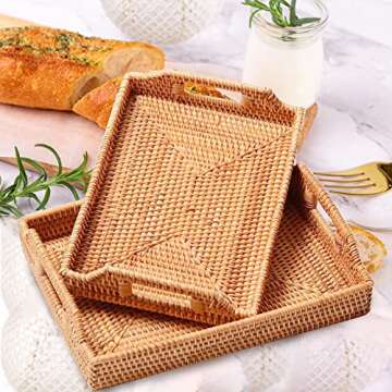 YBENWL Rectangular Rattan Serving Tray with Handles, Handwoven Wicker Decorative Display Serving Platters for Coffee, Breakfast, Drinks, Snack Multi-Purpose Dining Table Desktop Organiser Tray(L)