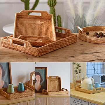 YBENWL Rectangular Rattan Serving Tray with Handles, Handwoven Wicker Decorative Display Serving Platters for Coffee, Breakfast, Drinks, Snack Multi-Purpose Dining Table Desktop Organiser Tray(L)