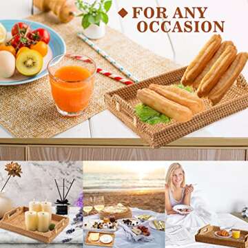 YBENWL Rectangular Rattan Serving Tray with Handles, Handwoven Wicker Decorative Display Serving Platters for Coffee, Breakfast, Drinks, Snack Multi-Purpose Dining Table Desktop Organiser Tray(L)