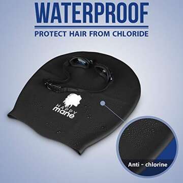 Happy Mane Silicone Swim Cap for Braids and Dreadlocks - Hair Dry While Swimming Bathing Long Hair, Extensions, and Curly Hair - Large Shower Cap for Women, Teenager, Kids (Black, Large)