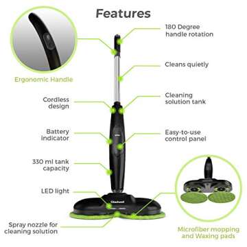 Gladwell Cordless Electric Mop, 3 in 1 Spinner, Scrubber and Waxer Quiet and Powerful Cleaner, Spin Scrubber and Buffer, Polisher for Hard Wood, Tile, Vinyl, Marble And Laminate Floor, Black