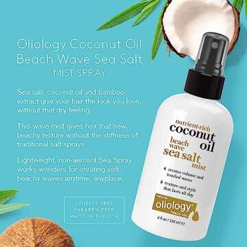Oliology Coconut Oil Beach Wave Sea Salt Mist Spray - Light Mist Gives Hair Soft Beachy Waves Withou...