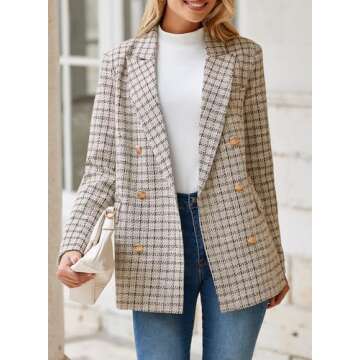 Happy Sailed Womens Plaid Blazers Dressy Casual Fashion Work Suits Long Sleeve Double Breasted Open Front Oversized Tweed Blazer Jackets Professional Outfits for Work Brown S
